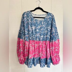 Floral Blue and Pink Long Sleeve Top